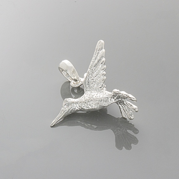 925 Sterling Silver RH Plated Hummingbird Charm Pendant Necklace. 2-D Textured - Picture 5 of 9